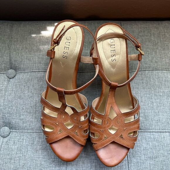 Guess Brown Wedge Sandal 3 3/4” Heel Size 10 - Picture 1 of 6
